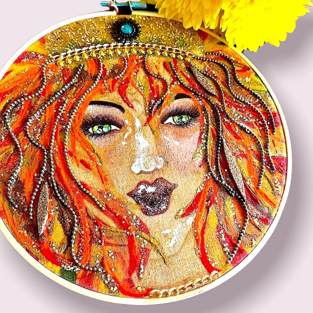 OOAK Handmade Embellished Embroidery Hoop Art Piece - Redhead Goddess